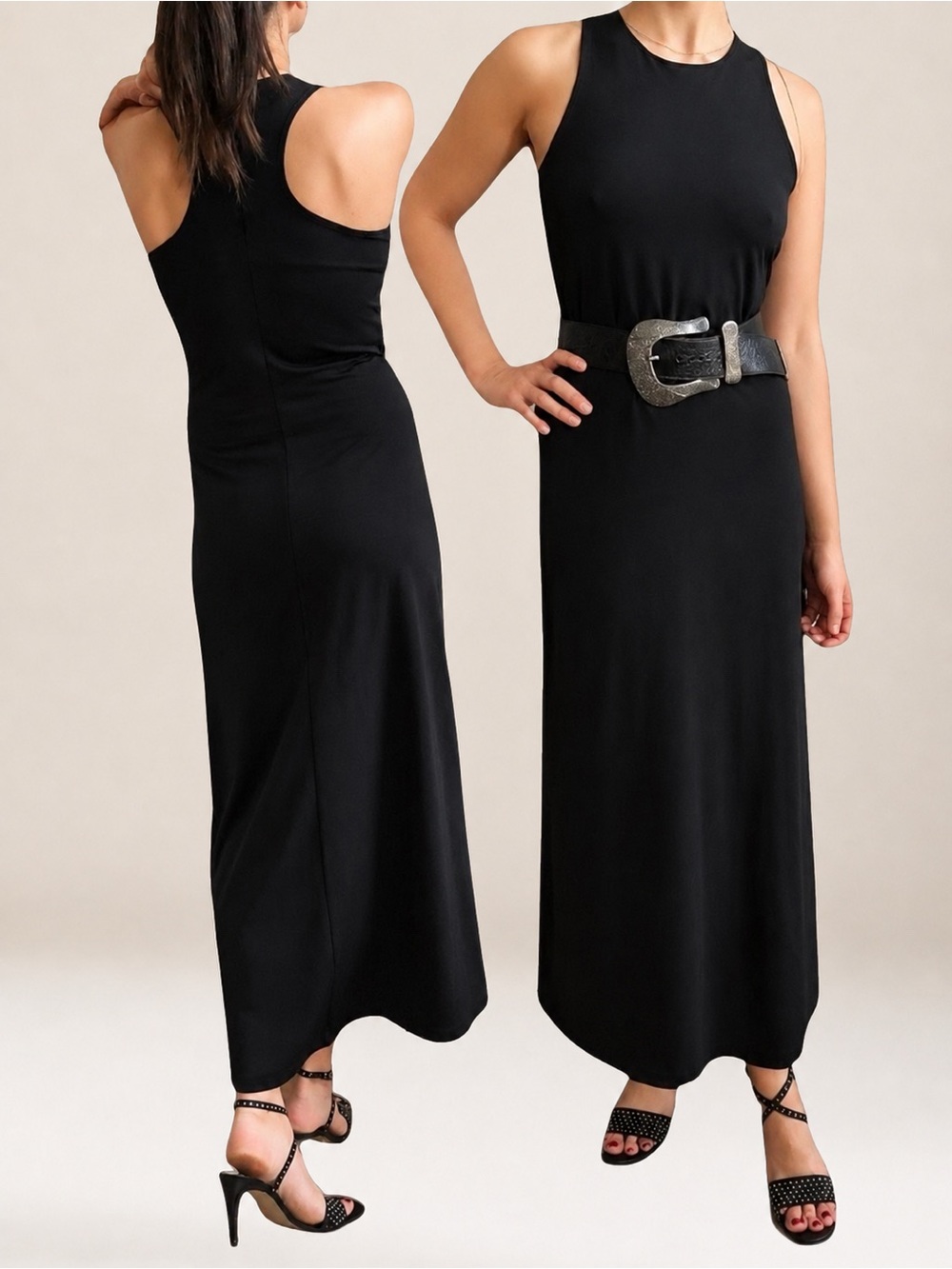 Vintage 90s EXPRESS Black Sleeveless High Neck Racer Back Maxi Dress 0 2 4 XS S
